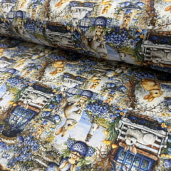 Tricoline Páscoa Coelhos Floral Azul 5 metros 