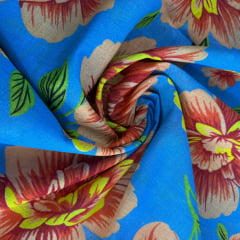 Chita Algodão Flores Fundo Azul turquesa 