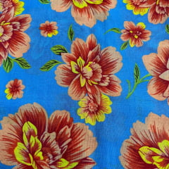 Chita Algodão Flores Fundo Azul turquesa 