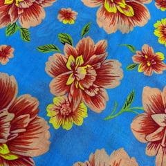 Chita Algodão Flores Fundo Azul turquesa 