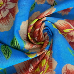Chita Algodão Flores Fundo Azul turquesa 