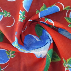 Chita Algodão Flores Azul Fundo Vermelho