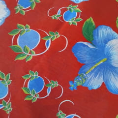 Chita Algodão Flores Azul Fundo Vermelho