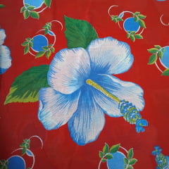 Chita Algodão Flores Azul Fundo Vermelho