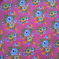 Chita Algodão Fundo Pink Flores Azul