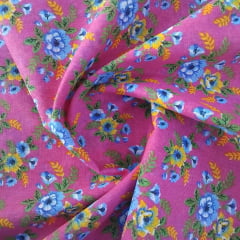 Chita Algodão Fundo Pink Flores Azul