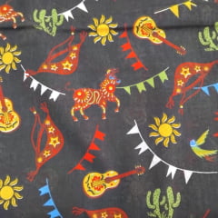 Chita de Algodão Festa Junina Fundo Preto Chita de Algodão Festa Junina Fundo Preto