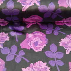 Cetim Estampado Flores Fundo Preto