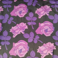 Cetim Estampado Flores Fundo Preto
