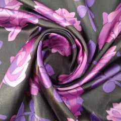 Cetim Estampado Flores Fundo Preto