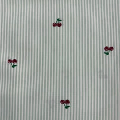 Tricoline Listras finas Azul Bebê  com Cerejinhas  