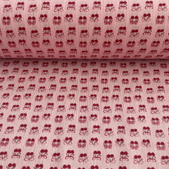 Tricoline Cereja e Laços com Fundo Listrado Rosa