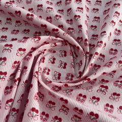 Tricoline Cereja e Laços com Fundo Listrado Rosa