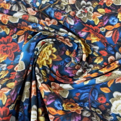 Tricoline Digital  3D Floral Fundo Azul 