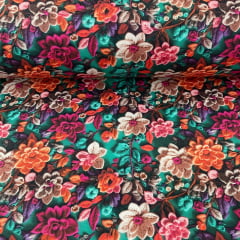 Tricoline Digital  3D Floral Rosa e Laranja  Fundo Verde