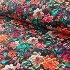 Tricoline Digital 3D Floral Rosa e Laranja Fundo Verde Tricoline Digital 3D Floral Rosa e Laranja Fundo Verde