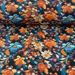 Tricoline Digital  3D Flores Laranja e Azul