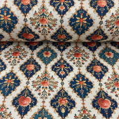 Tricoline Digital  Arabesco  Floral Fundo Bege