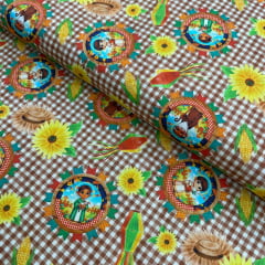 Tricoline Digital Junino Fundo Xadrez Bege