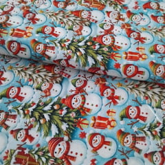 Tricoline Digital Natal Bonecos De Neve Fundo Azul