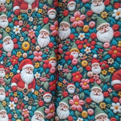 Tricoline Digital Papai Noel E Flores Colorido