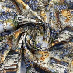 Tricoline Páscoa Coelhos Floral  Azul