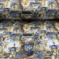 Tricoline Páscoa Coelhos Floral  Azul