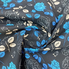 Tricoline Flores Azul Fundo Preto