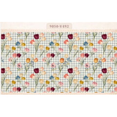 Tricoline Floral Tulipas Fundo Xadrez