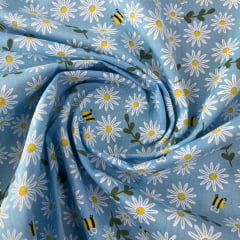 Tricoline Margarida e Abelha Fundo Azul Claro