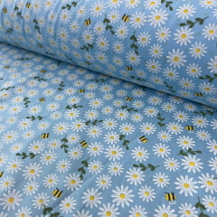Tricoline Margarida e Abelha Fundo Azul Claro