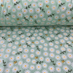 Tricoline Margarida e Abelha Fundo Verde Claro 