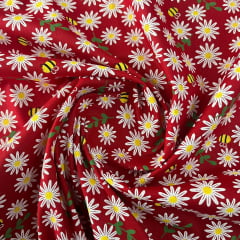 Tricoline Margarida e Abelha Fundo Vermelha 