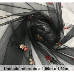 Tule Bordado Preto Floral Tule Bordado Preto Floral