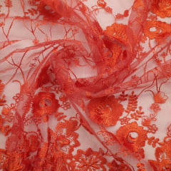 Tule Bordado Floral Coral 