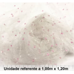 Tule Branco com Gotas Rosas Tule Branco com Gotas Rosas
