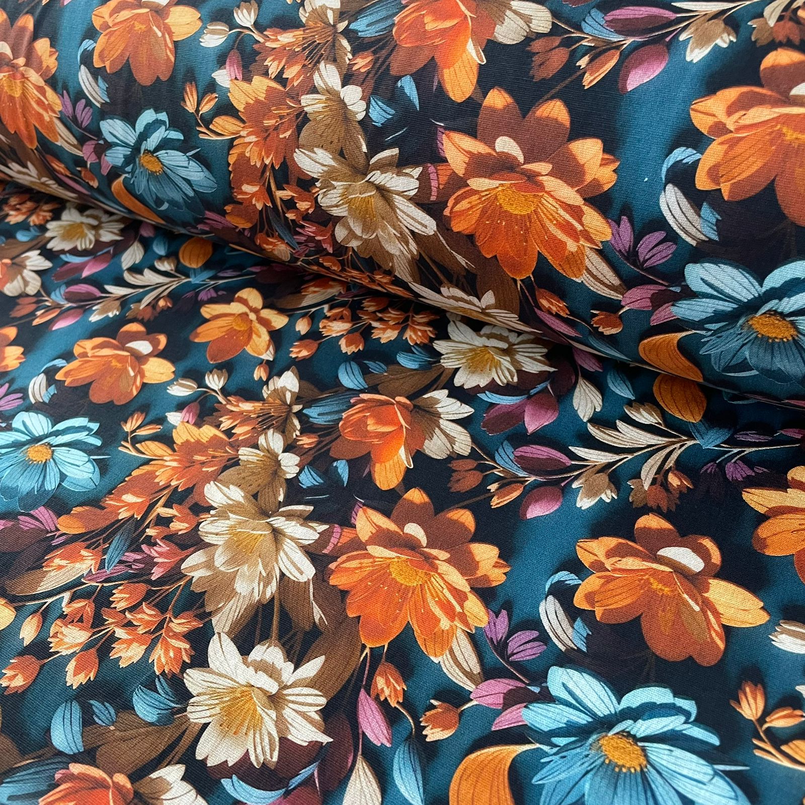 Tricoline Digital  3D Flores Laranja e Azul