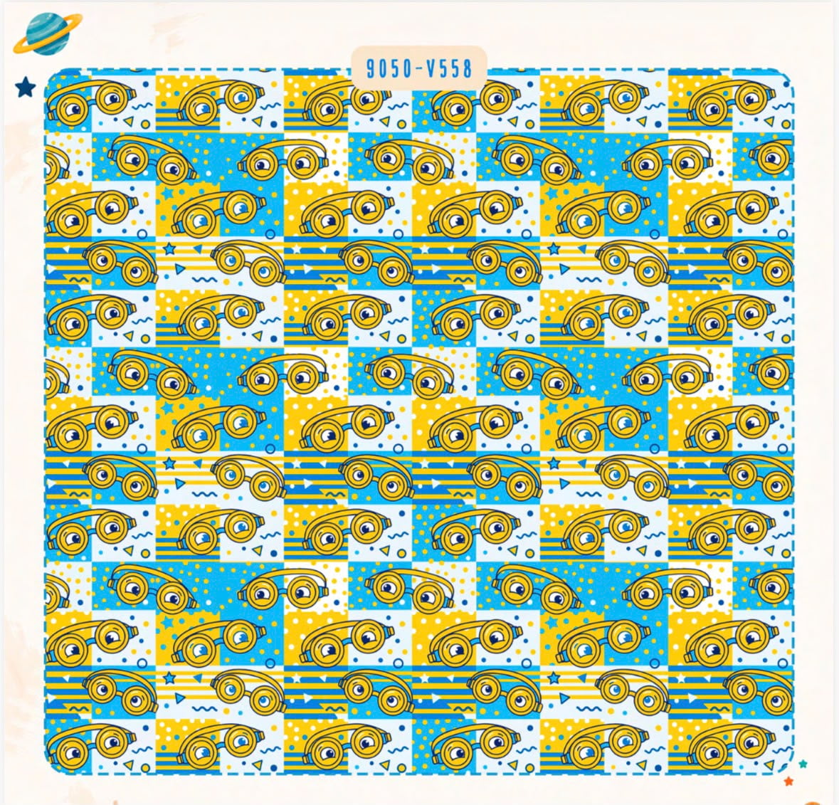 Tricoline Patchwork azul, branco e amarelo